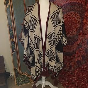 Black, Light Grey and Maroon Poncho with Tassels